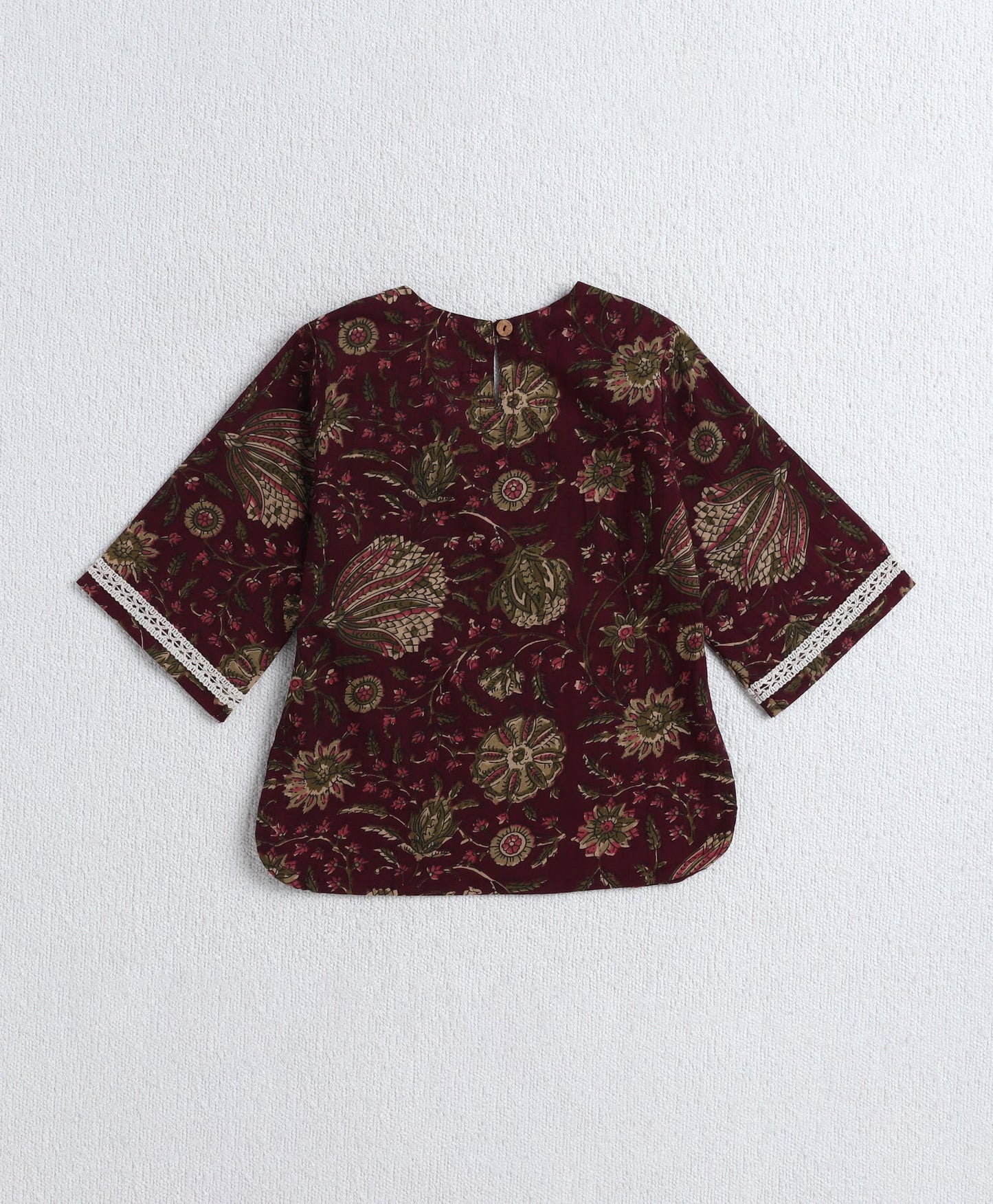 Cotton Woven Three Fourth Sleeves AII Over Printed Top and Bottom Set- Wine