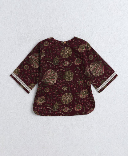 Cotton Woven Three Fourth Sleeves AII Over Printed Top and Bottom Set- Wine