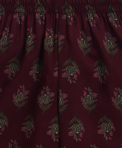 Cotton Woven Three Fourth Sleeves AII Over Printed Top and Bottom Set- Wine