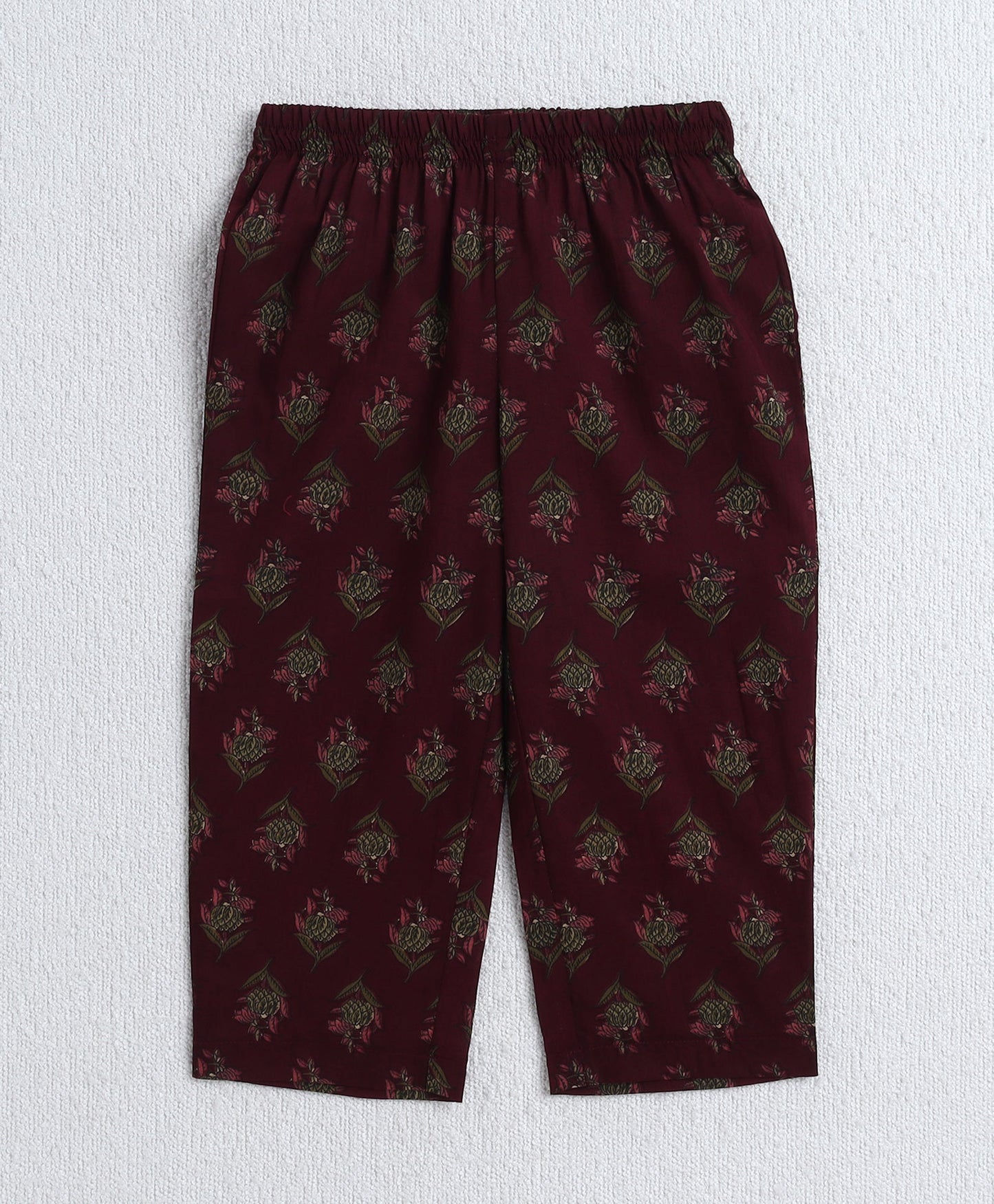 Cotton Woven Three Fourth Sleeves AII Over Printed Top and Bottom Set- Wine