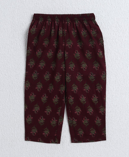 Cotton Woven Three Fourth Sleeves AII Over Printed Top and Bottom Set- Wine
