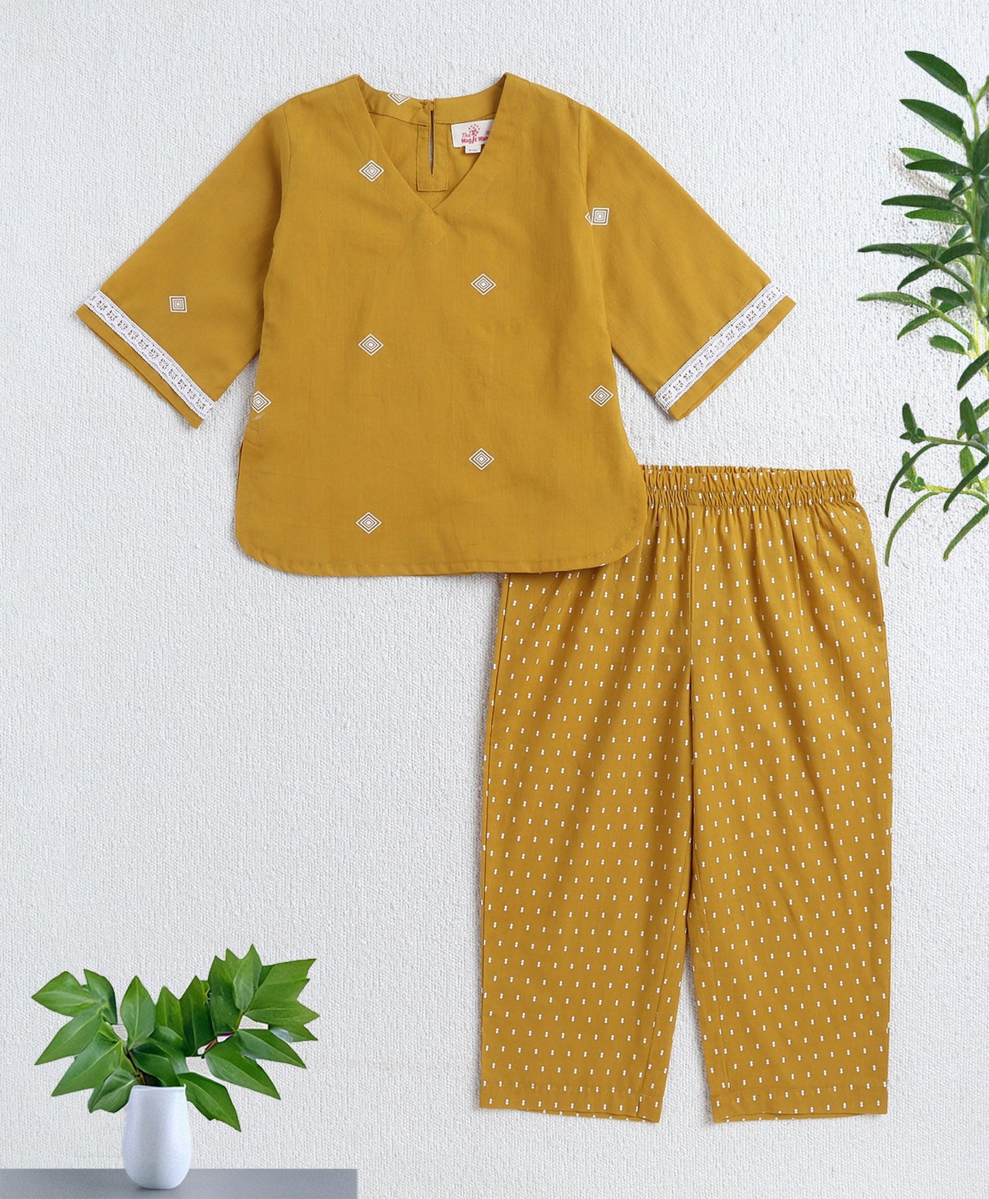 Cotton Woven Three Fourth Sleeves AII Over Printed Top and Bottom Set- Mustard