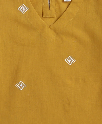 Cotton Woven Three Fourth Sleeves AII Over Printed Top and Bottom Set- Mustard