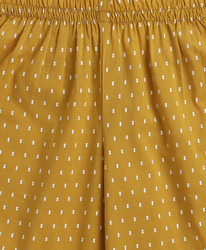 Cotton Woven Three Fourth Sleeves AII Over Printed Top and Bottom Set- Mustard