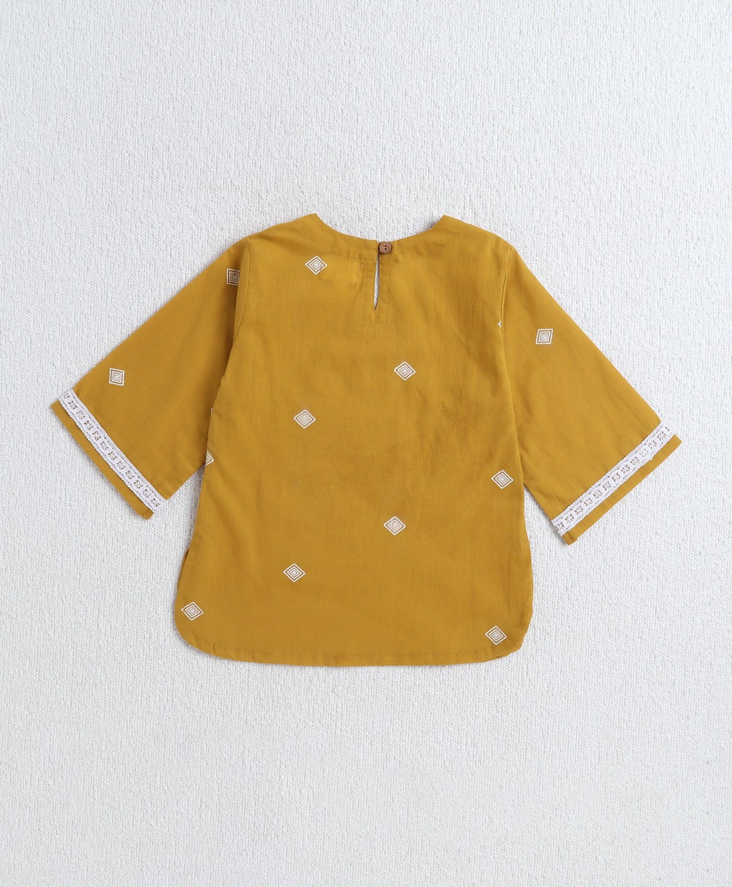 Cotton Woven Three Fourth Sleeves AII Over Printed Top and Bottom Set- Mustard