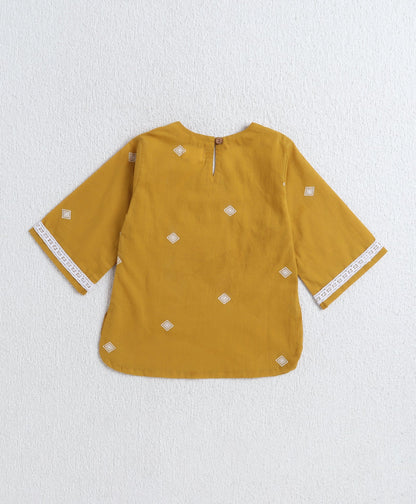 Cotton Woven Three Fourth Sleeves AII Over Printed Top and Bottom Set- Mustard
