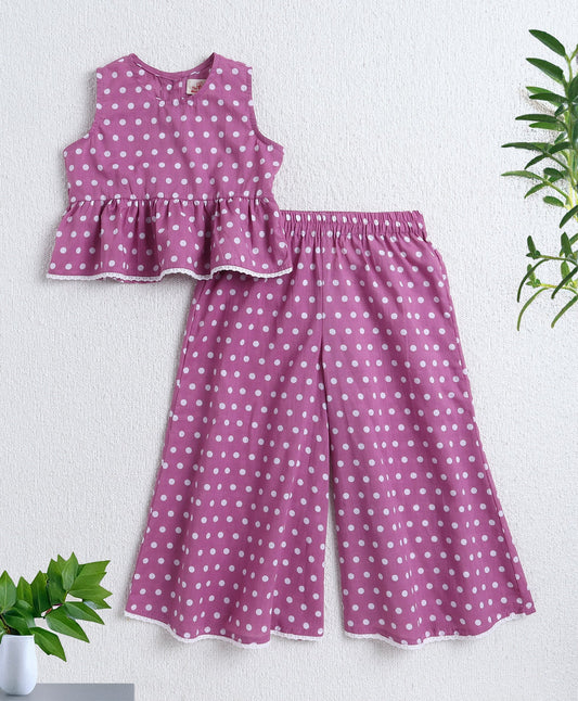 Cotton Woven Sleeveless Polka Dot Printed Top and Plazzo Set- Pink