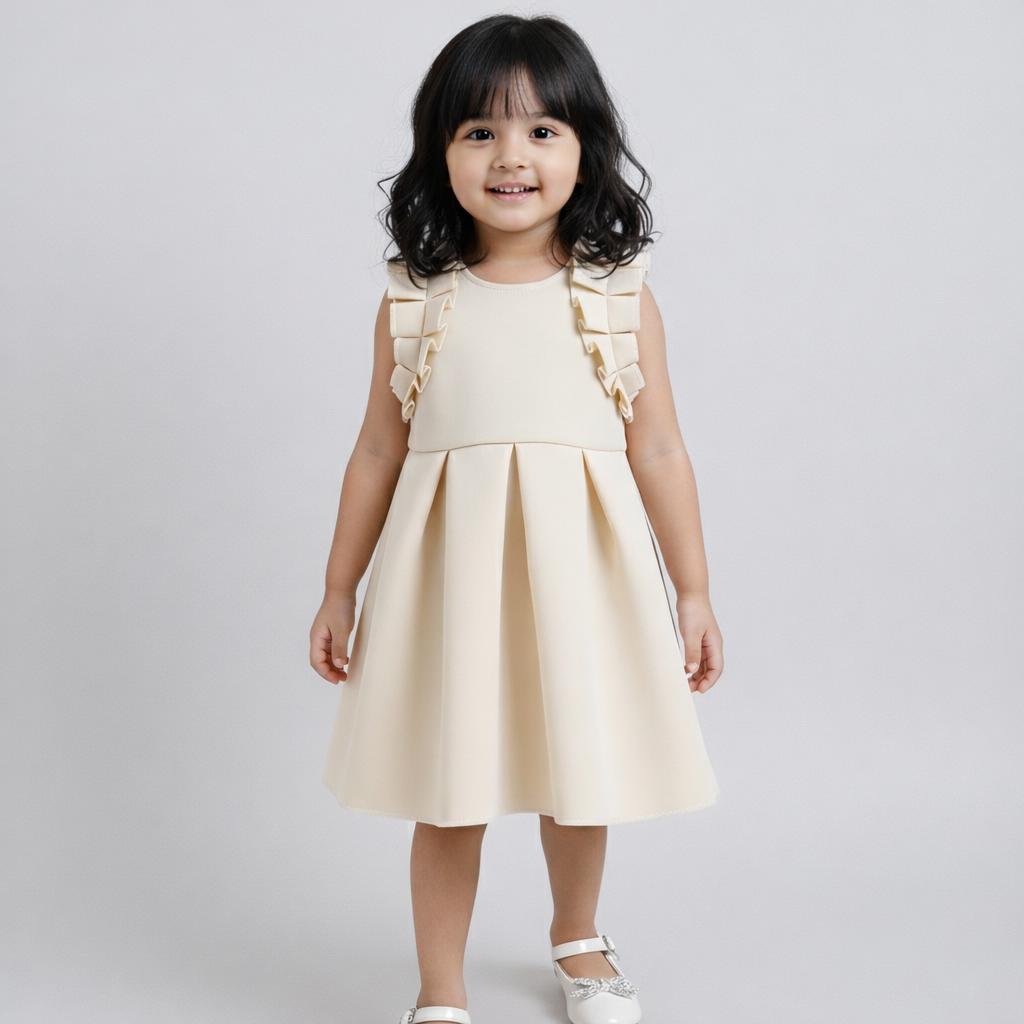  The Magic Wand Woven Ruffle Sleeves Pleated Scuba Party Dress - Off White