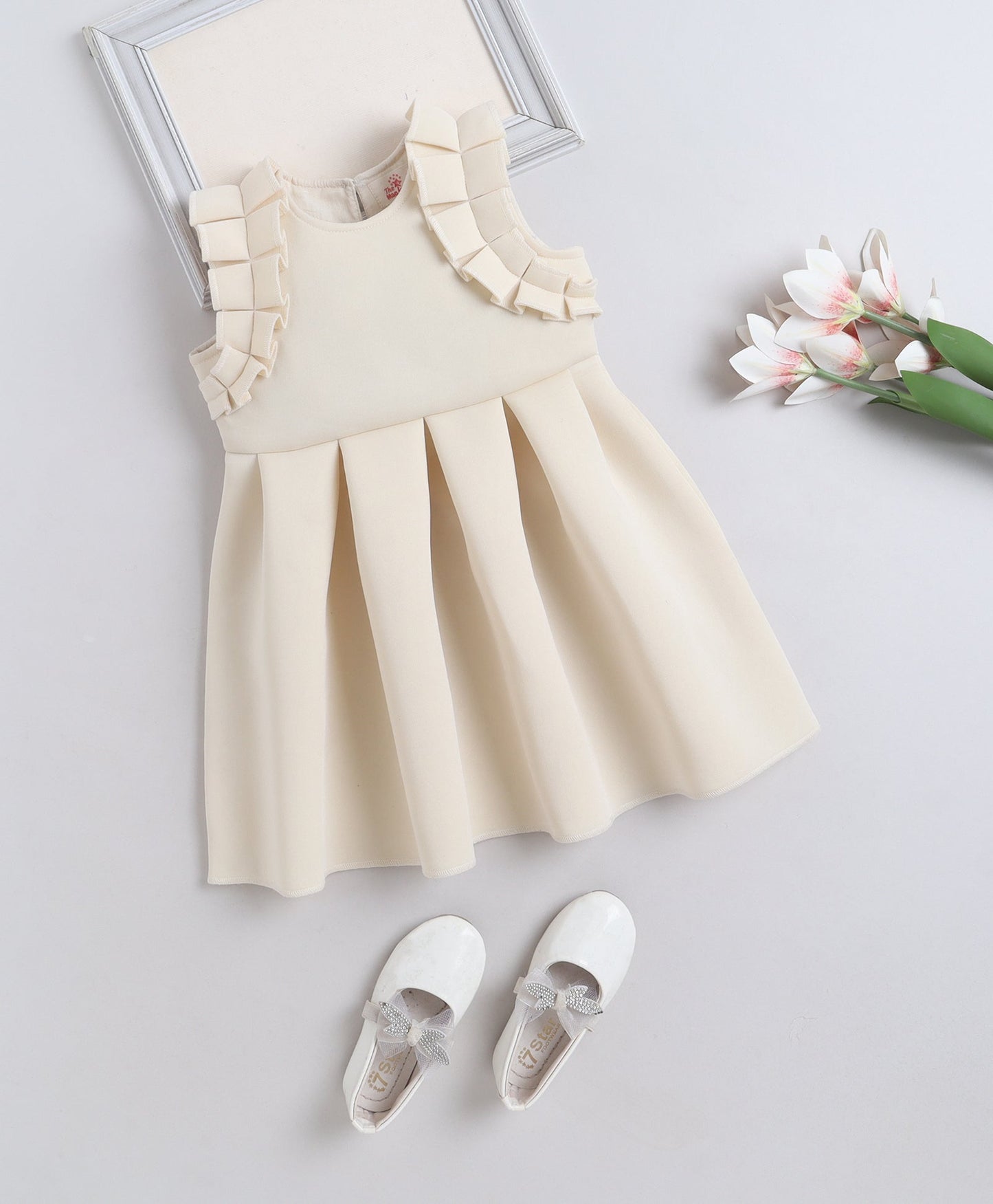  The Magic Wand Woven Ruffle Sleeves Pleated Scuba Party Dress - Off White