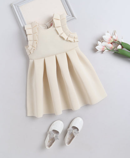  The Magic Wand Woven Ruffle Sleeves Pleated Scuba Party Dress - Off White
