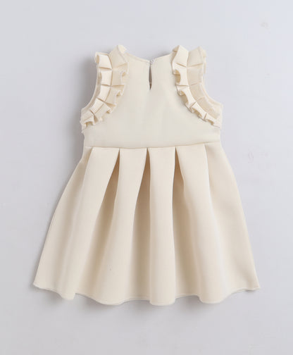  The Magic Wand Woven Ruffle Sleeves Pleated Scuba Party Dress - Off White