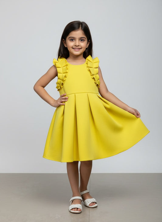  The Magic Wand Woven Ruffle Sleeves Pleated Scuba Party Dress - Yellow
