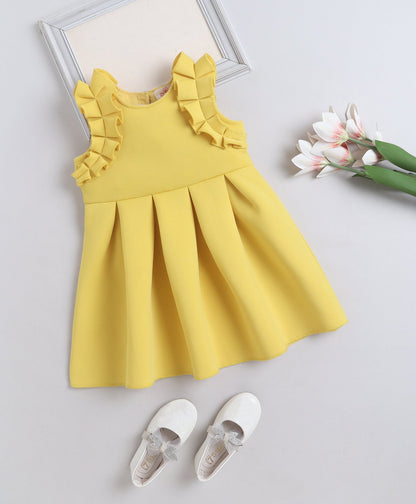  The Magic Wand Woven Ruffle Sleeves Pleated Scuba Party Dress - Yellow