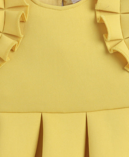 The Magic Wand Woven Ruffle Sleeves Pleated Scuba Party Dress - Yellow