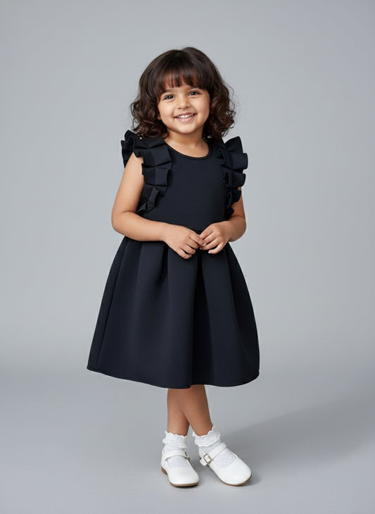  The Magic Wand Woven Ruffle Sleeves Pleated Scuba Party Dress - Black