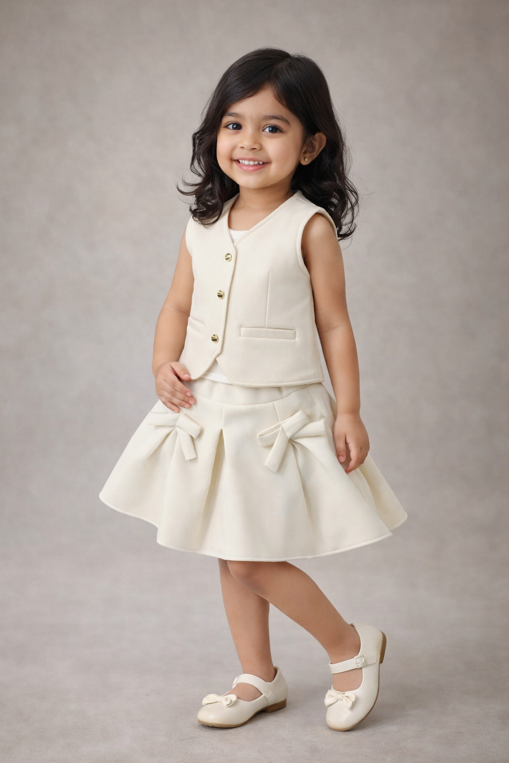  The Magic Wand Woven Waist Coat Top & Pleated Skirt With Bow Applique - Off White