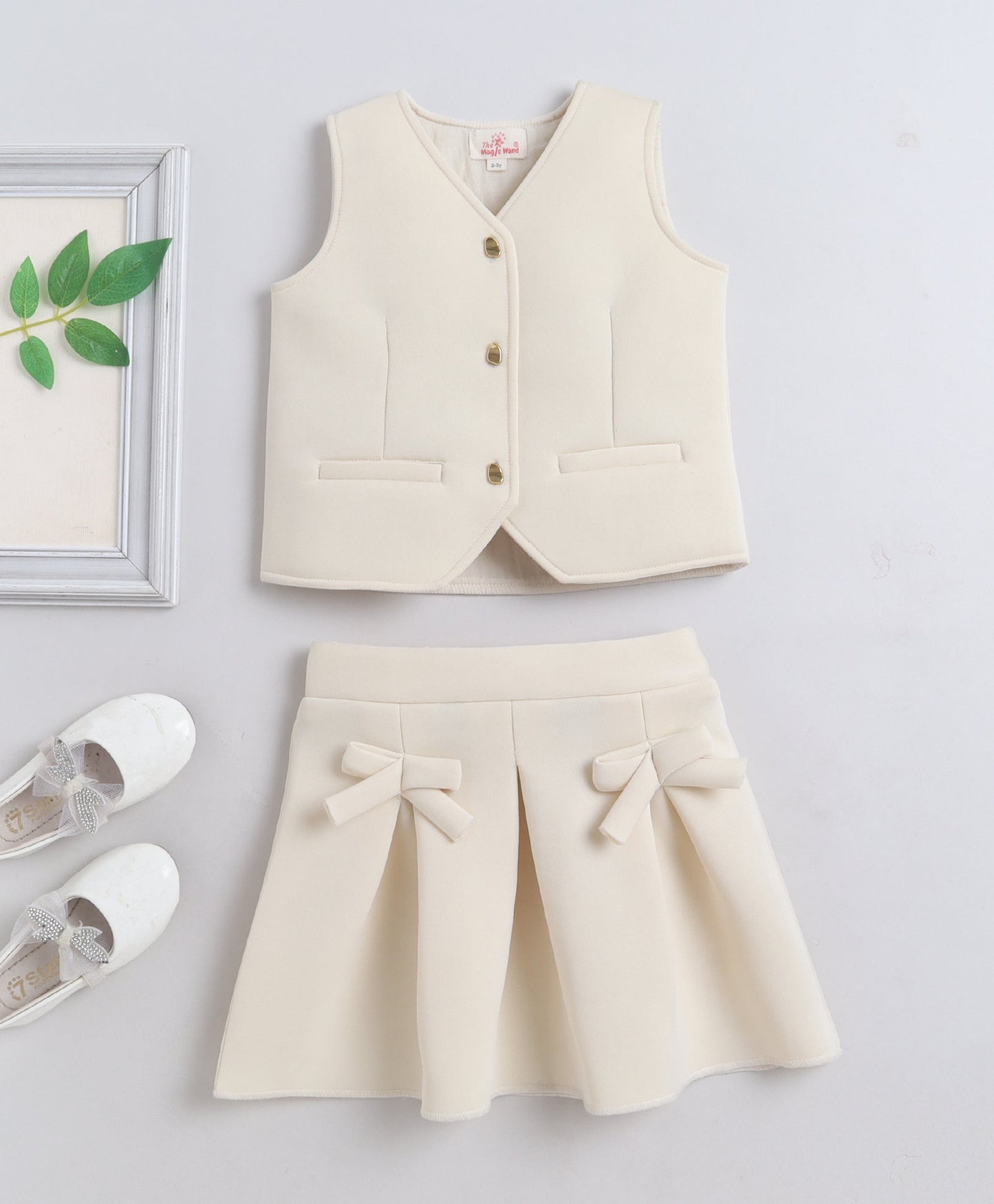 The Magic Wand Woven Waist Coat Top & Pleated Skirt With Bow Applique - Off White