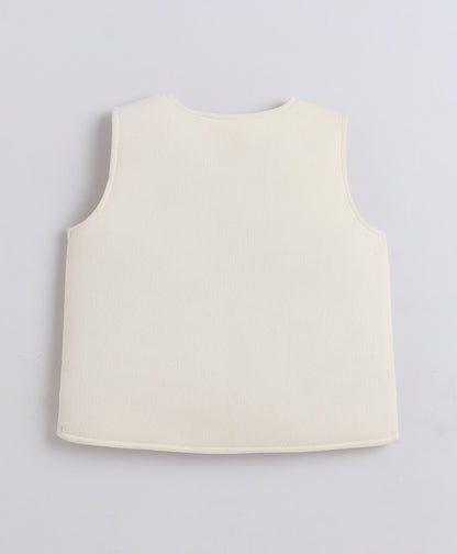  The Magic Wand Woven Waist Coat Top & Pleated Skirt With Bow Applique - Off White