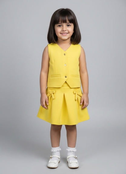  The Magic Wand Woven Waist Coat Top & Pleated Skirt With Bow Applique - Yellow