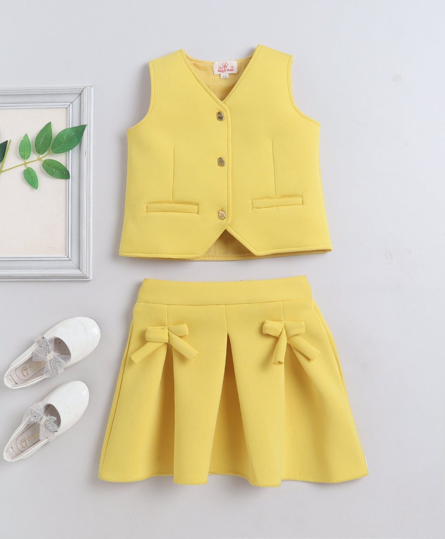  The Magic Wand Woven Waist Coat Top & Pleated Skirt With Bow Applique - Yellow