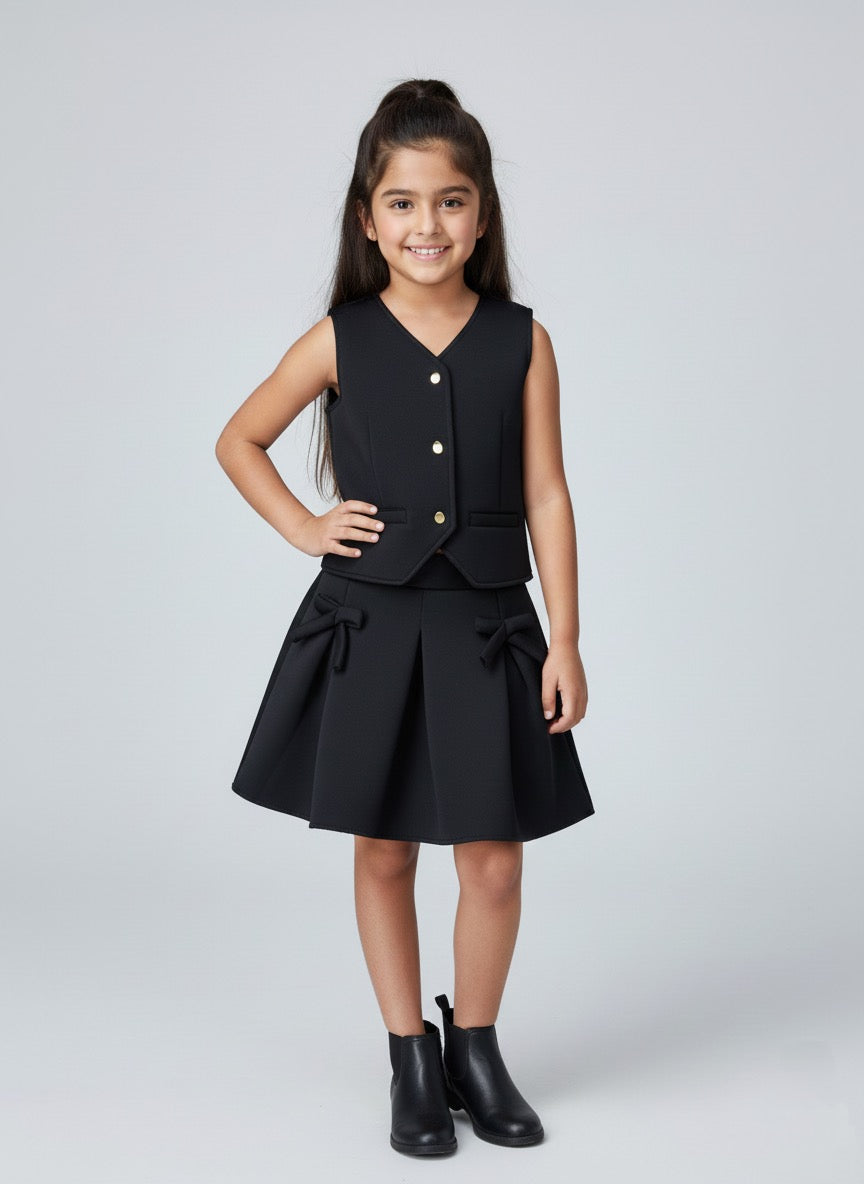  The Magic Wand Woven Waist Coat Top & Pleated Skirt With Bow Applique - Black