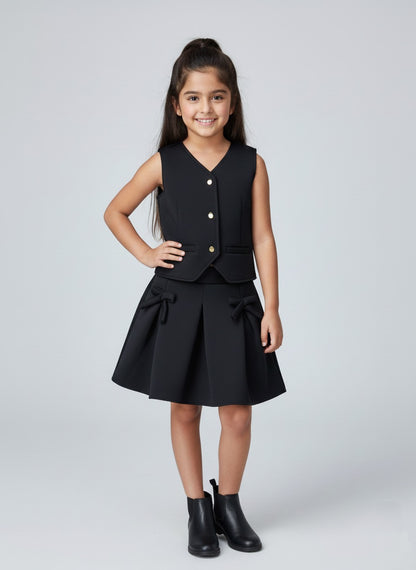  The Magic Wand Woven Waist Coat Top & Pleated Skirt With Bow Applique - Black