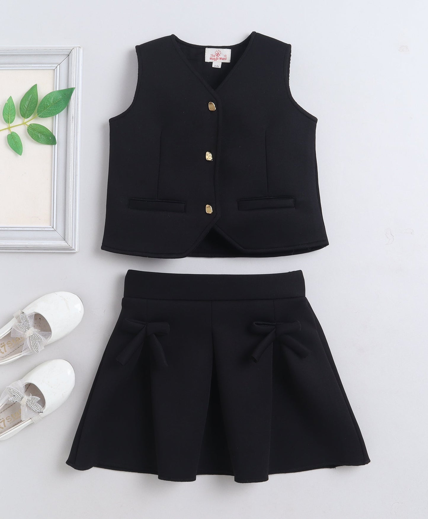  The Magic Wand Woven Waist Coat Top & Pleated Skirt With Bow Applique - Black