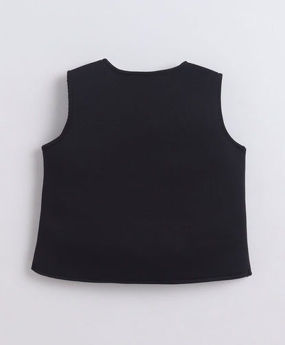  The Magic Wand Woven Waist Coat Top & Pleated Skirt With Bow Applique - Black