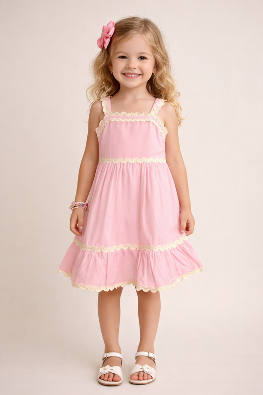 The Magic Wand Cotton Woven Strappy Ric Rac Gathered Dress -  Pink
