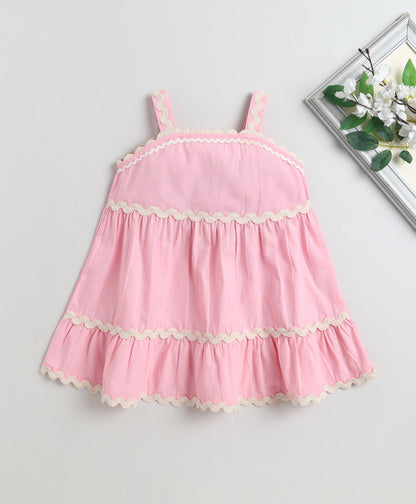 The Magic Wand Cotton Woven Strappy Ric Rac Gathered Dress -  Pink