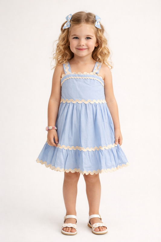 The Magic Wand Cotton Woven Strappy Ric Rac Gathered Dress -  Blue
