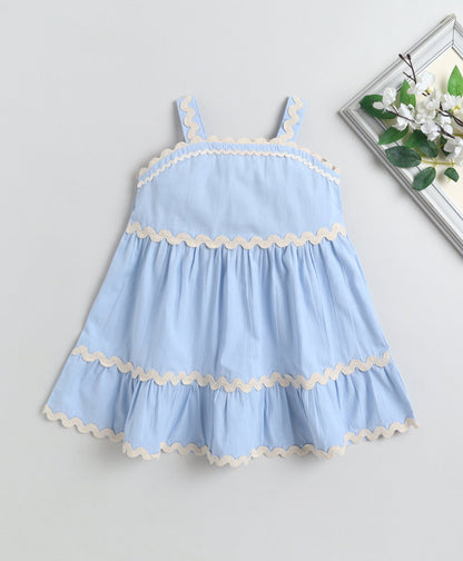 The Magic Wand Cotton Woven Strappy Ric Rac Gathered Dress -  Blue
