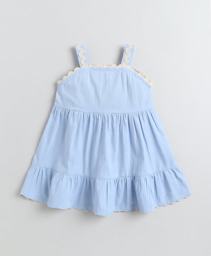 The Magic Wand Cotton Woven Strappy Ric Rac Gathered Dress -  Blue