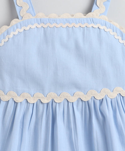 The Magic Wand Cotton Woven Strappy Ric Rac Gathered Dress -  Blue