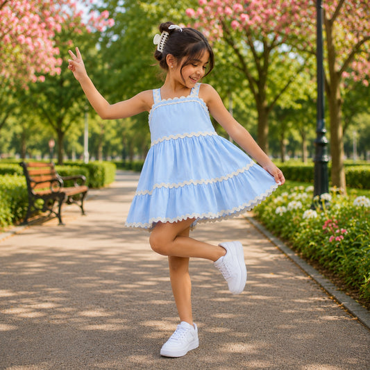 The Magic Wand Cotton Woven Strappy Ric Rac Gathered Dress -  Blue