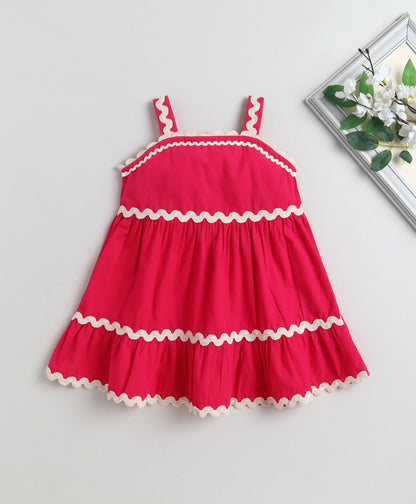 The Magic Wand Cotton Woven Strappy Ric Rac Gathered Dress - Fuschia