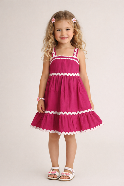 The Magic Wand Cotton Woven Strappy Ric Rac Gathered Dress - Fuschia
