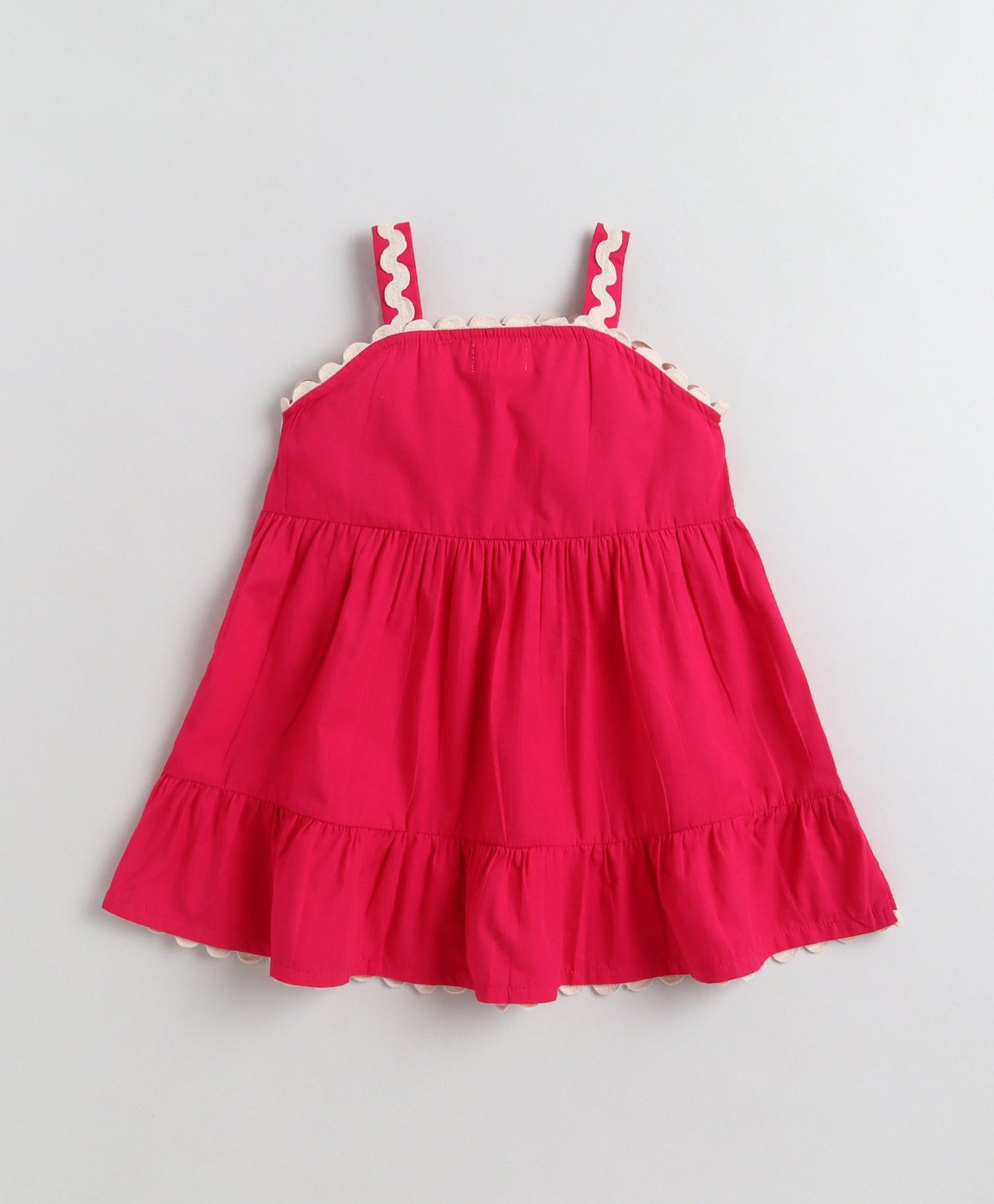 The Magic Wand Cotton Woven Strappy Ric Rac Gathered Dress - Fuschia