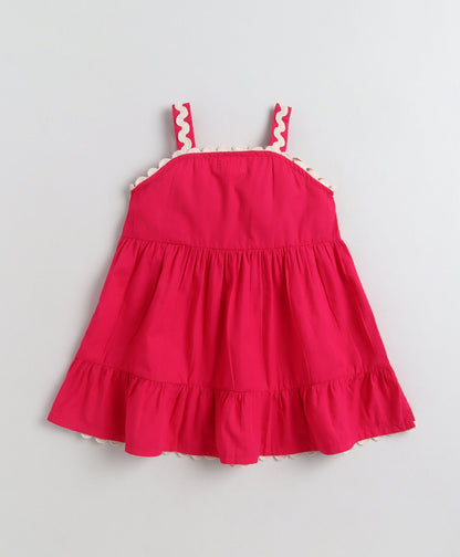 The Magic Wand Cotton Woven Strappy Ric Rac Gathered Dress - Fuschia