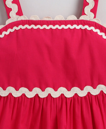 The Magic Wand Cotton Woven Strappy Ric Rac Gathered Dress - Fuschia