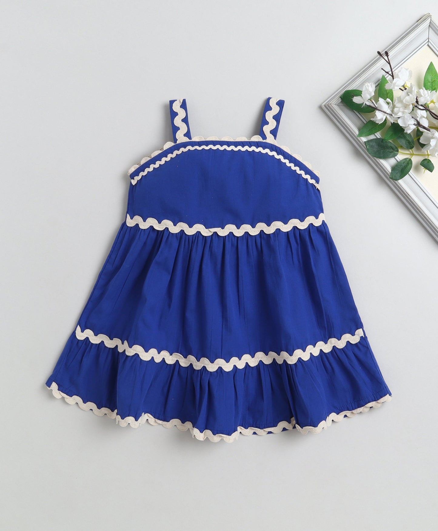 The Magic Wand Cotton Woven Strappy Ric Rac Gathered Dress - Royal Blue