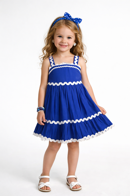 The Magic Wand Cotton Woven Strappy Ric Rac Gathered Dress - Royal Blue