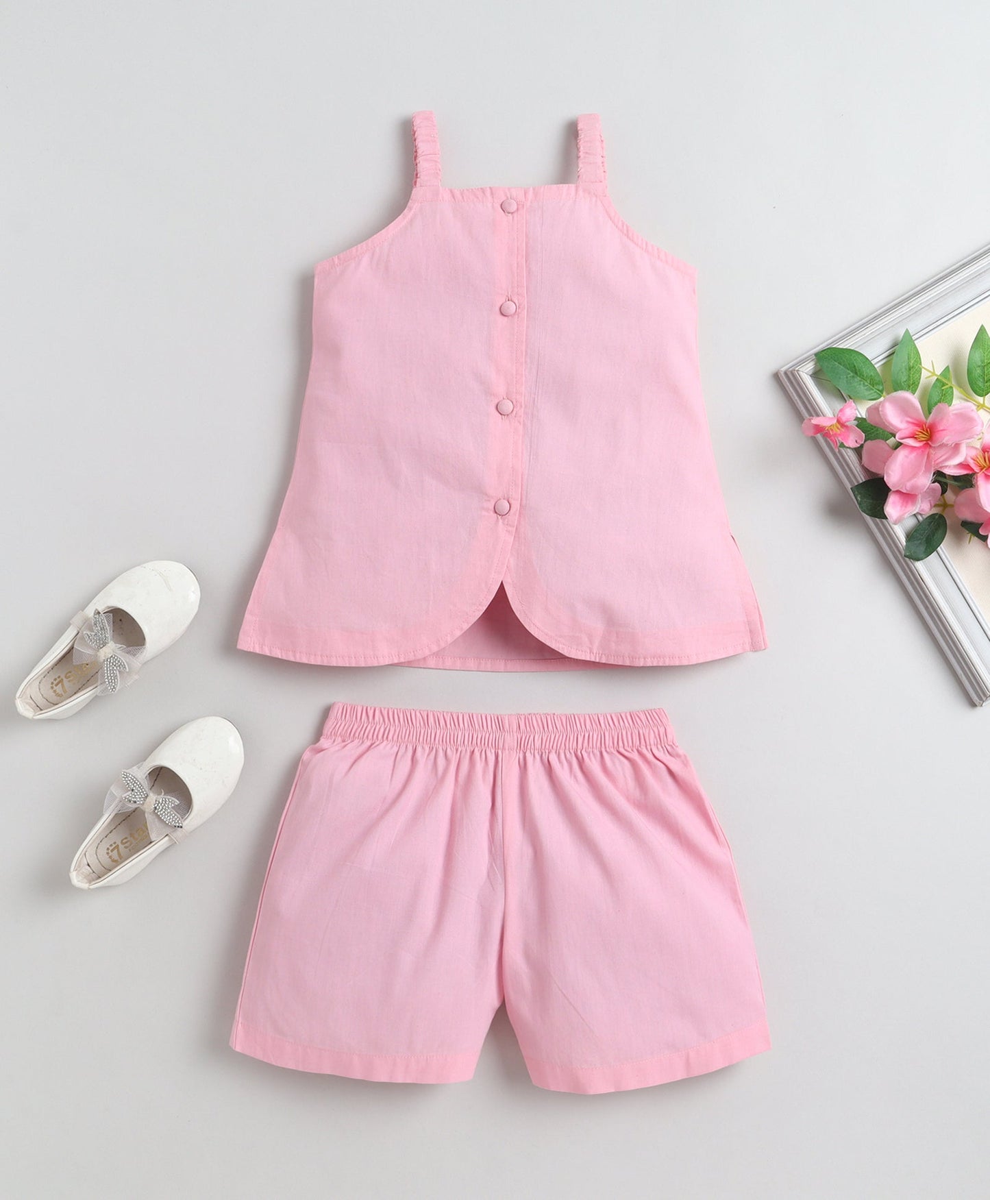 The Magic Wand Cotton Woven Solid Sleeveless Curvy Hem Top And Shorts Set - Pink