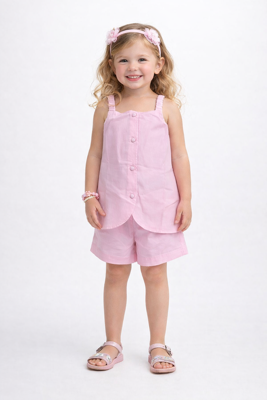 The Magic Wand Cotton Woven Solid Sleeveless Curvy Hem Top And Shorts Set - Pink