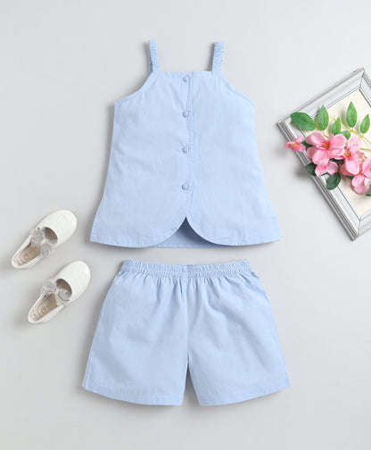 The Magic Wand Cotton Woven Solid Sleeveless Curvy Hem Top And Shorts Set - Blue