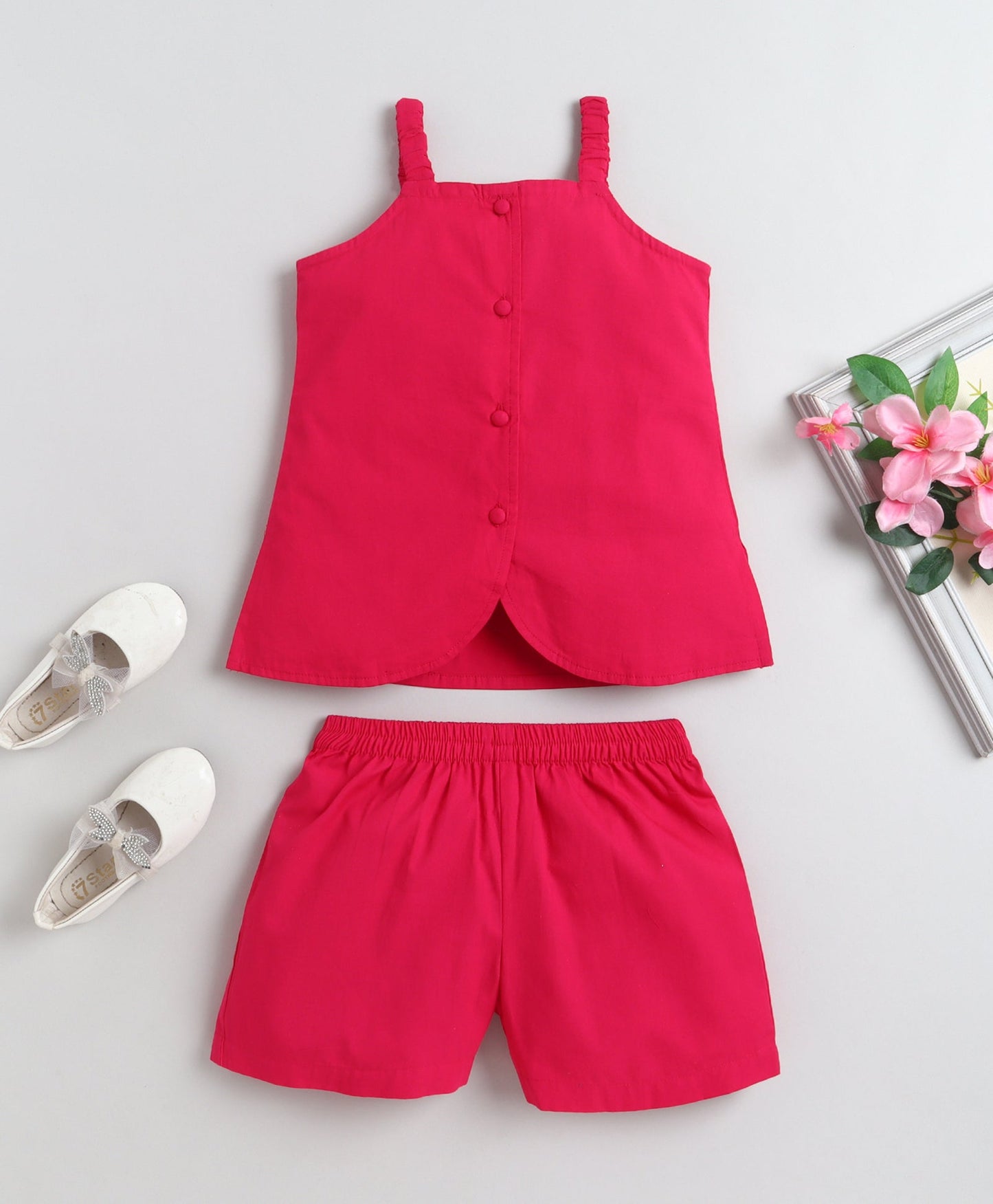 The Magic Wand Cotton Woven Solid Sleeveless Curvy Hem Top And Shorts Set - Fuchsia