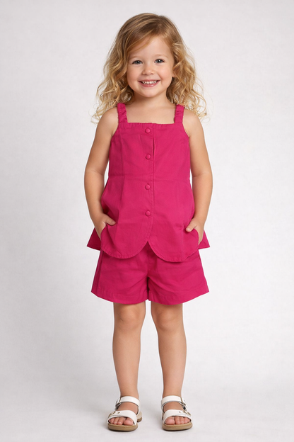 The Magic Wand Cotton Woven Solid Sleeveless Curvy Hem Top And Shorts Set - Fuchsia