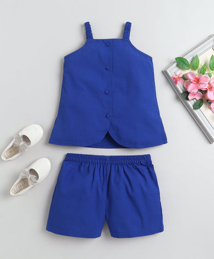 The Magic Wand Cotton Woven Solid Sleeveless Curvy Hem Top And Shorts Set - Royal Blue