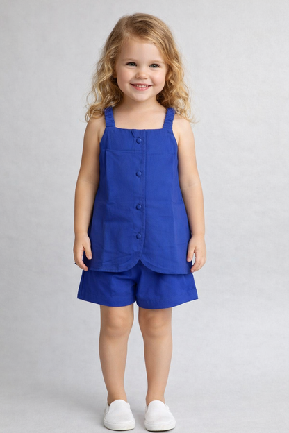 The Magic Wand Cotton Woven Solid Sleeveless Curvy Hem Top And Shorts Set - Royal Blue