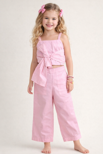 The Magic Wand Cotton Woven Solid Sleeveless Statement Front Bow Top And Pants Set - Pink